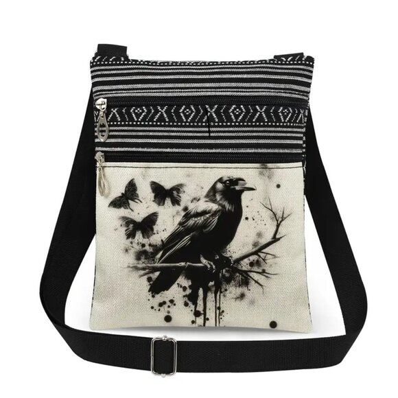 Fall/Halloween Woman Crossbody lightweight soft Canvas Bag. Raven/Butterfly. New - Picture 1 of 3